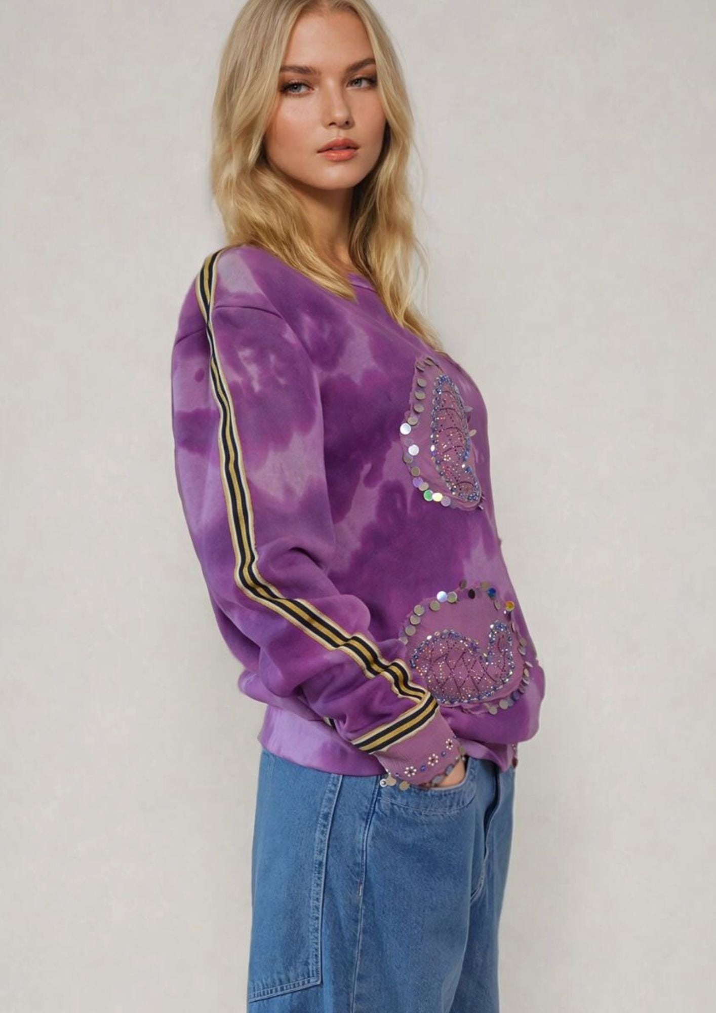 Purple tiedye sweatshirt with sequin appliques and sporty Adidas style striping