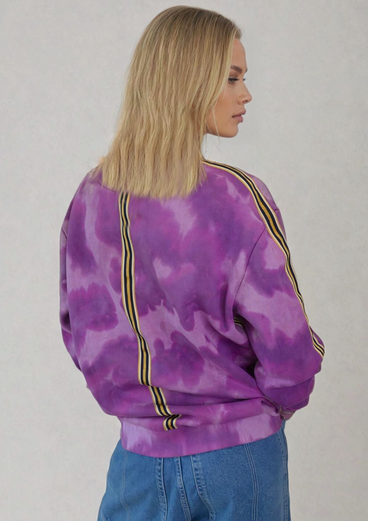 Purple tiedye sweatshirt with sequin appliques and sporty Adidas style striping