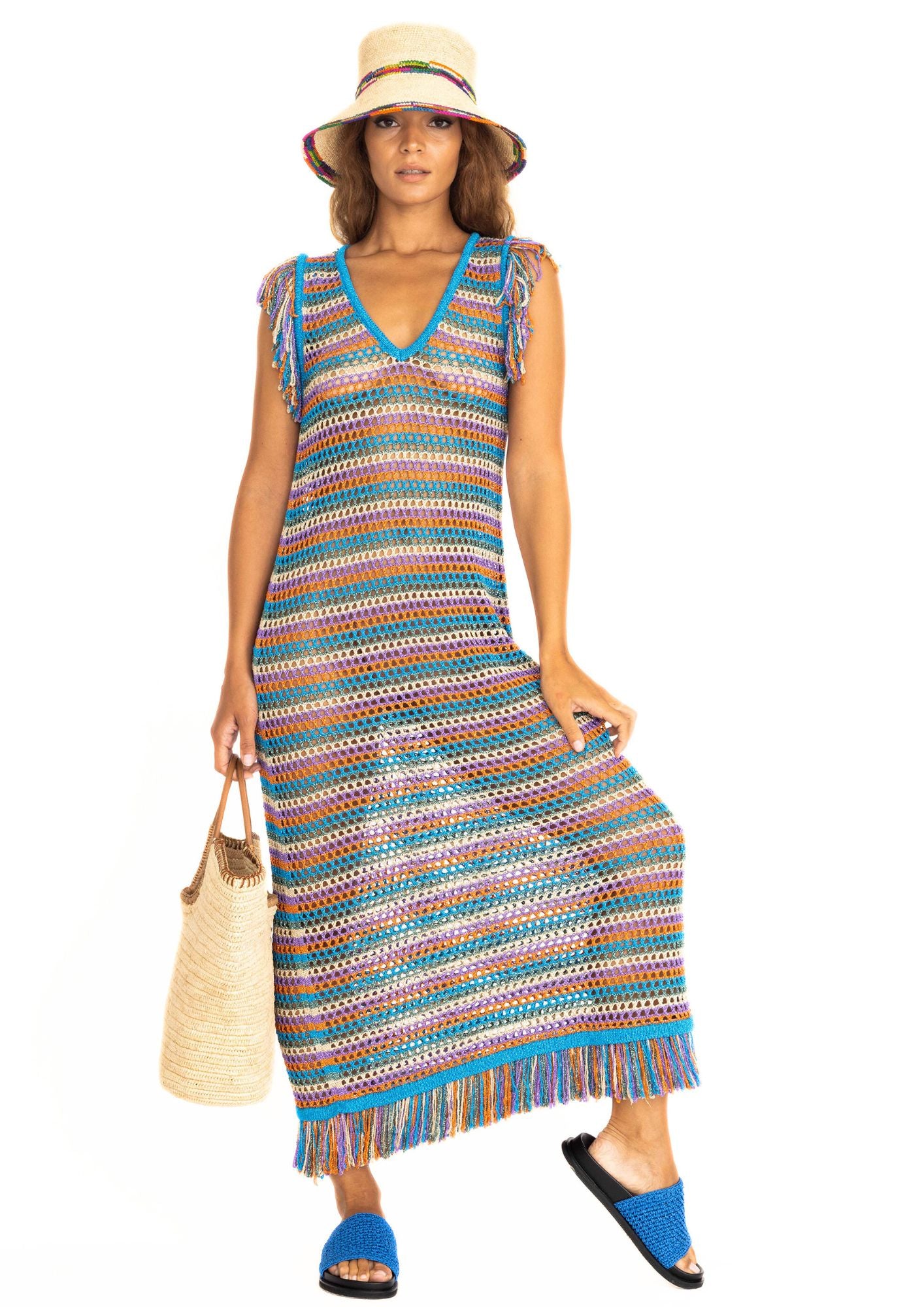 Handcrocheted multi color striped dress with fringes and blue beach slippers