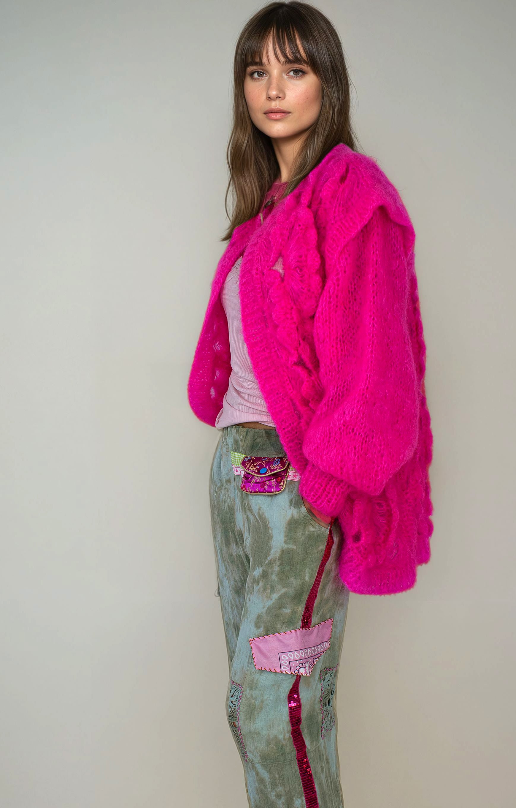 Handmade Neon pink mohair cardigan