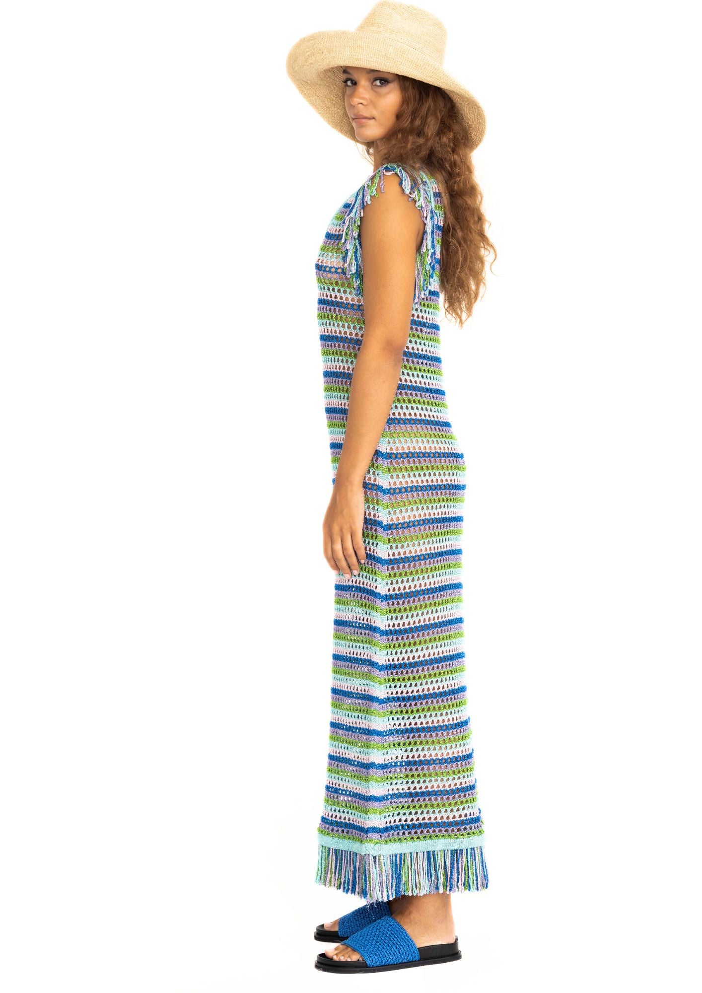 Handcrocheted dress with stripes in blue, aqua and turquoise, with fringes ,a straw hat and blue slippers