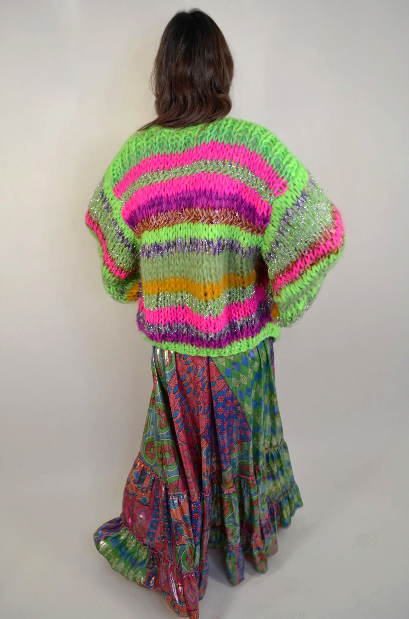 Hand knitted luxury, bright knitwear, dopamine dressing. Happy clothing. Luxury yarns.