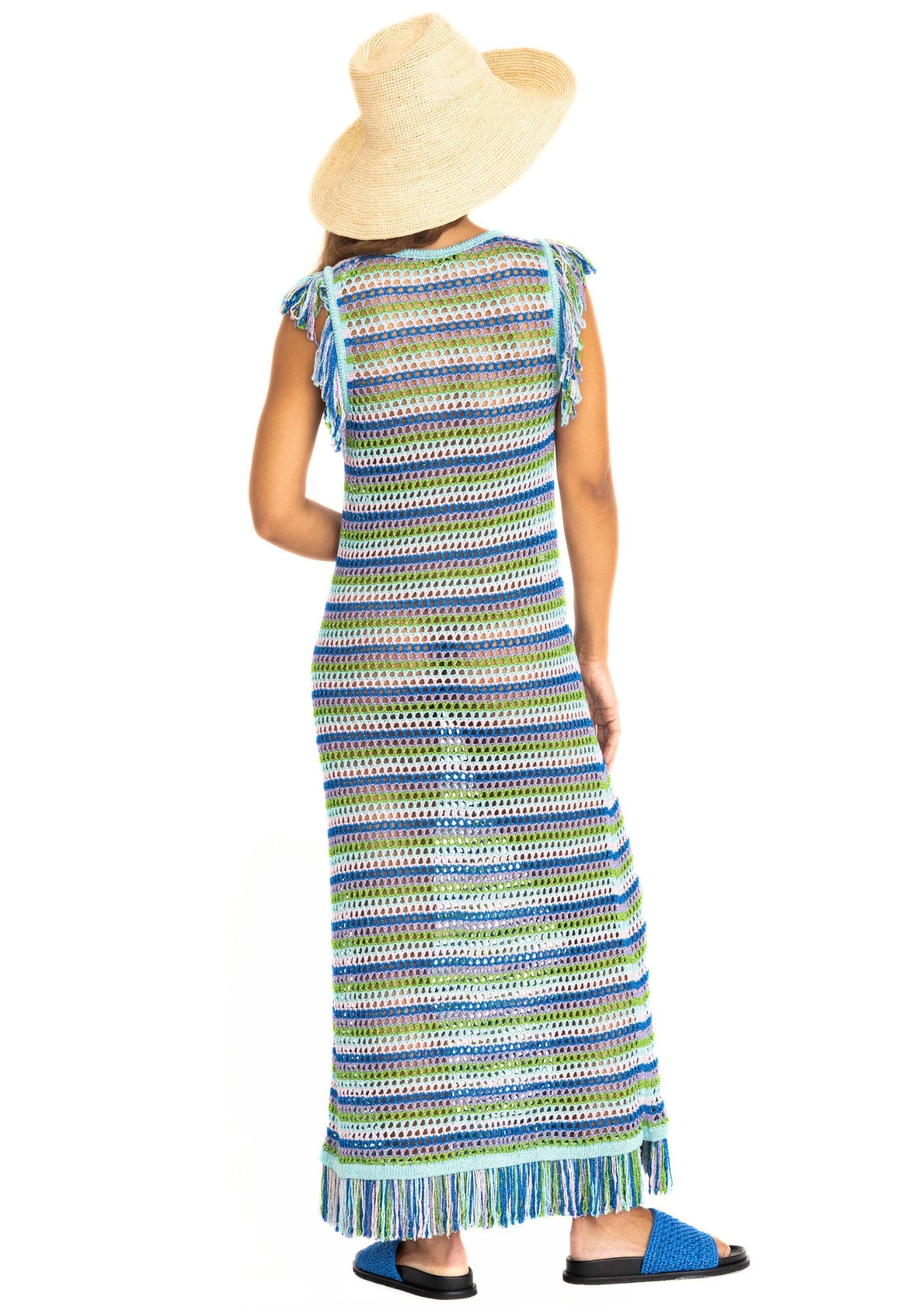  Handcrocheted dress with stripes in blue, aqua and turquoise, with fringes 